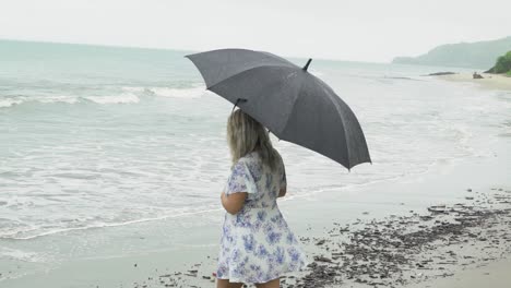 woman walking on beach in rain with umbrella