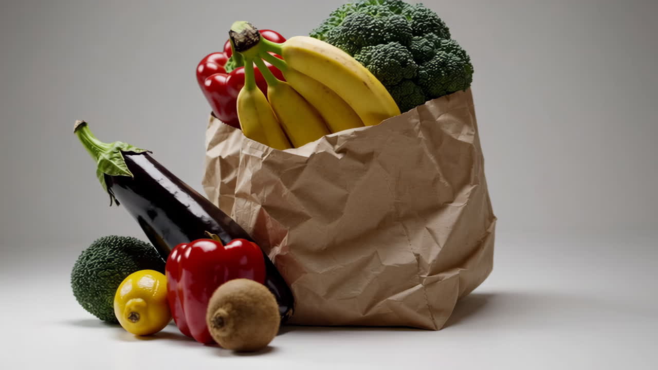 Assortment of Fresh Fruits and Vegetables in a Paper Bag