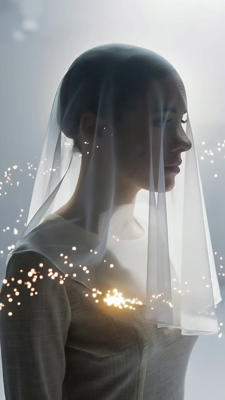 Vertical video: Camera starting rotating model turning forward for studio portrait, veil cap sparks