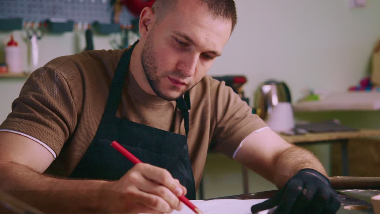 Artigiano concentrato che disegna un progetto nel suo laboratorio.