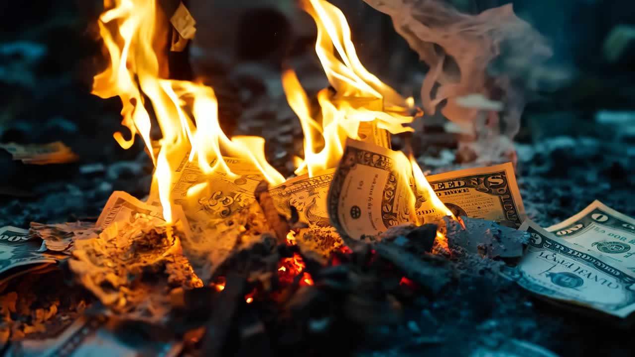 A pile of money on fire with a lot of money around it