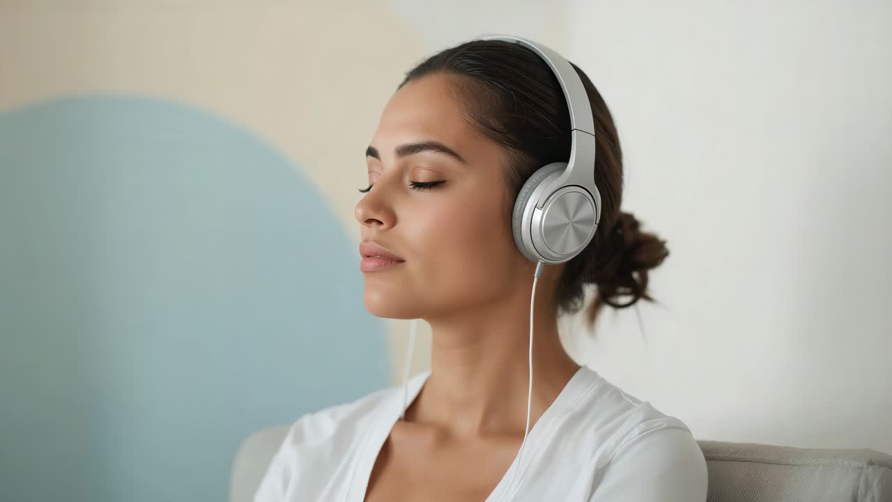 Donna che ascolta musica seduta su un divano in casa, indossa una maglietta bianca con scollo a V e cuffie argentate con filo