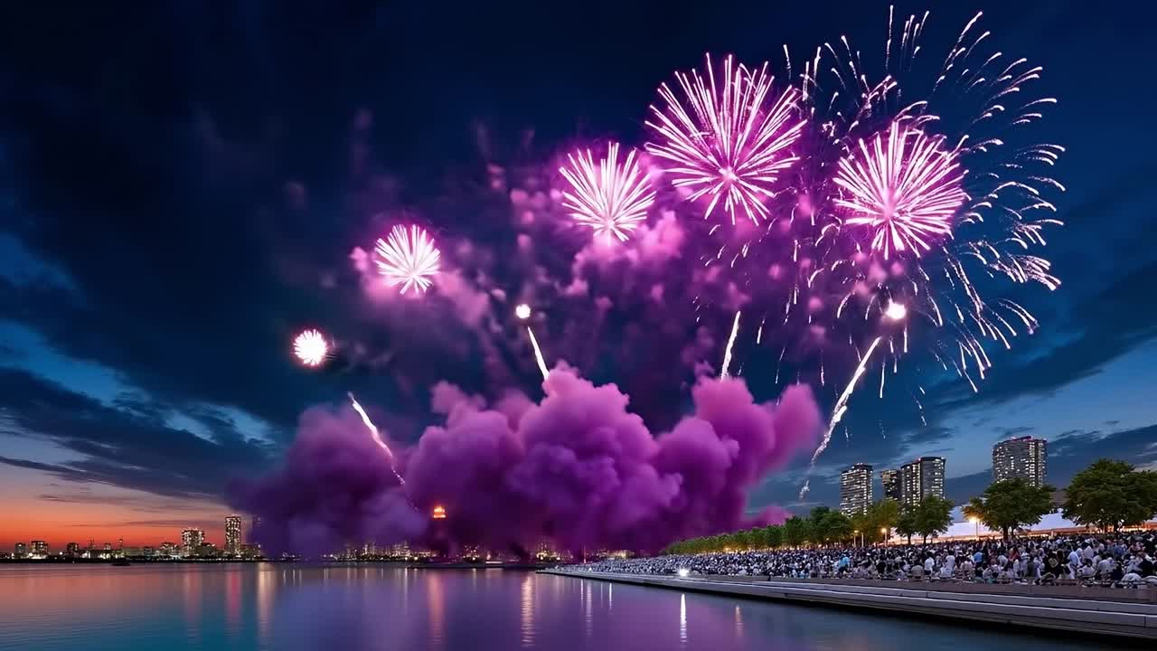 물체 위 에서 불꽃놀이 를 보는 많은 사람 들 의 집단