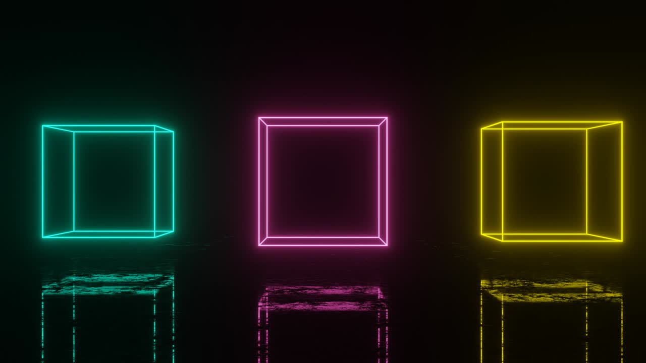 어두운 공간에서 움직이는 반사와 함께 애니메이트 된 네온 다채로운 큐브 추상적 인 현대적인 원활한 루프 3d 애니메이션