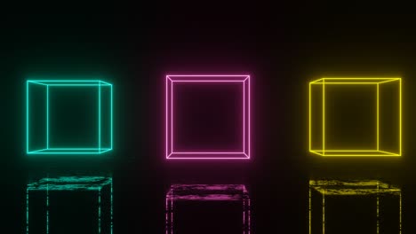 animated neon multicolor cubes with reflections moving in dark space. abstract modern seamless loop 3d animation
