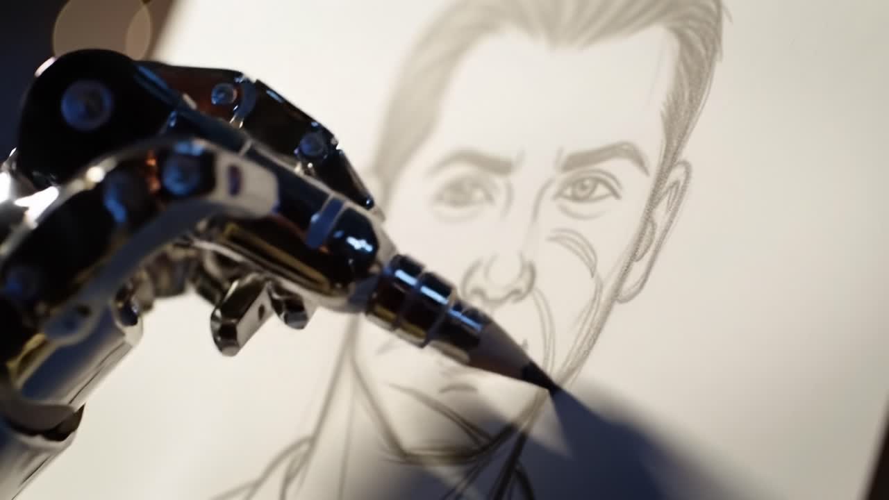 A Robotic Drawing Tool Creating Detailed Portraits with Precision Over Two Frames, Showcasing Artistic Expression and Technological Innovation in Illustrative Art