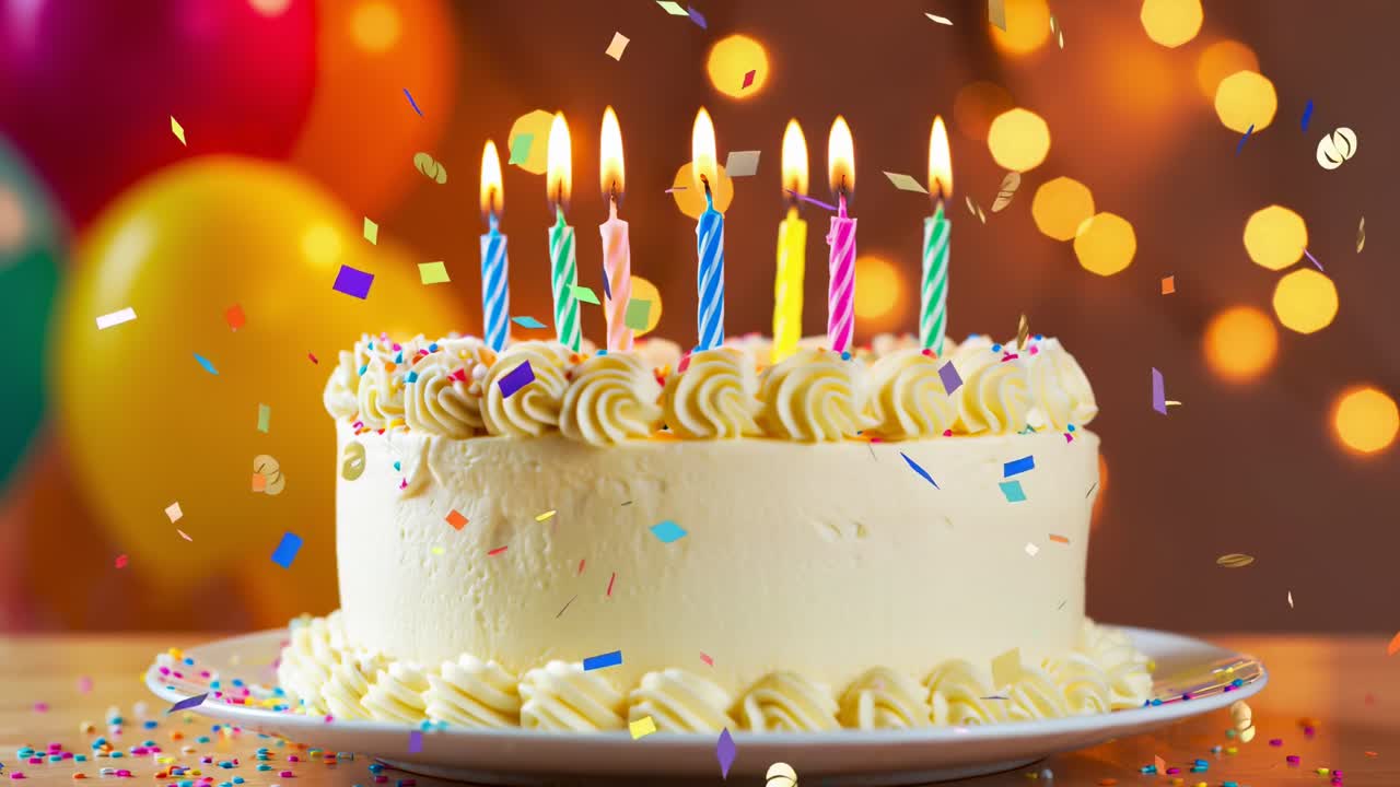 Festosa torta di compleanno con candeline, coriandoli e luci bokeh, scattata a livello degli occhi per un'atmosfera celebrativa