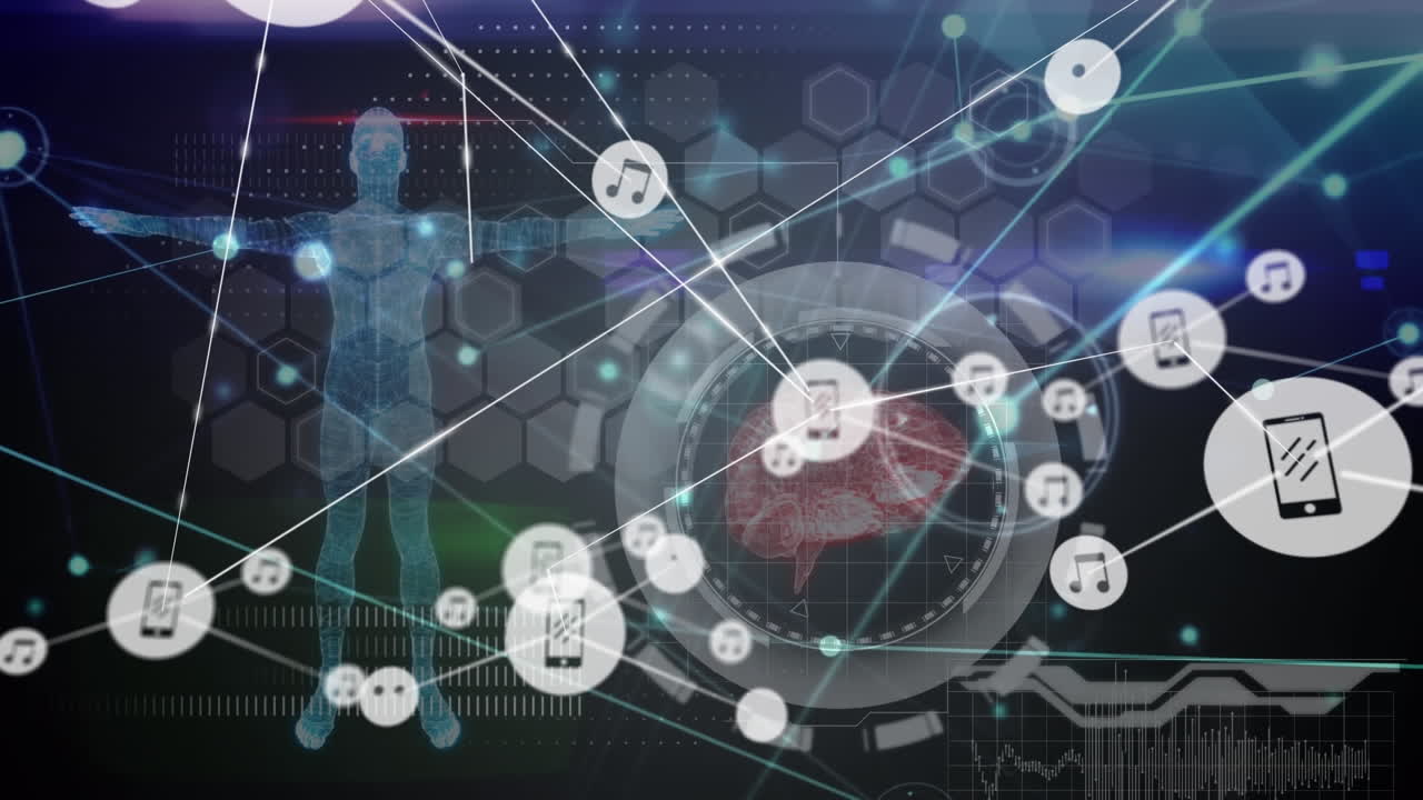Animation of network of connections with icons and data processing over brain and human body model