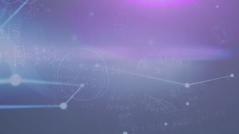 Animación-De-Red-De-Conexiones-Y-Ecuaciones-Matemáticas-Sobre-Fondo-Morado