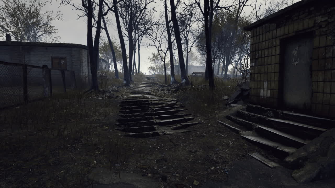 Abandoned path winding through overgrown trees on a cloudy afternoon