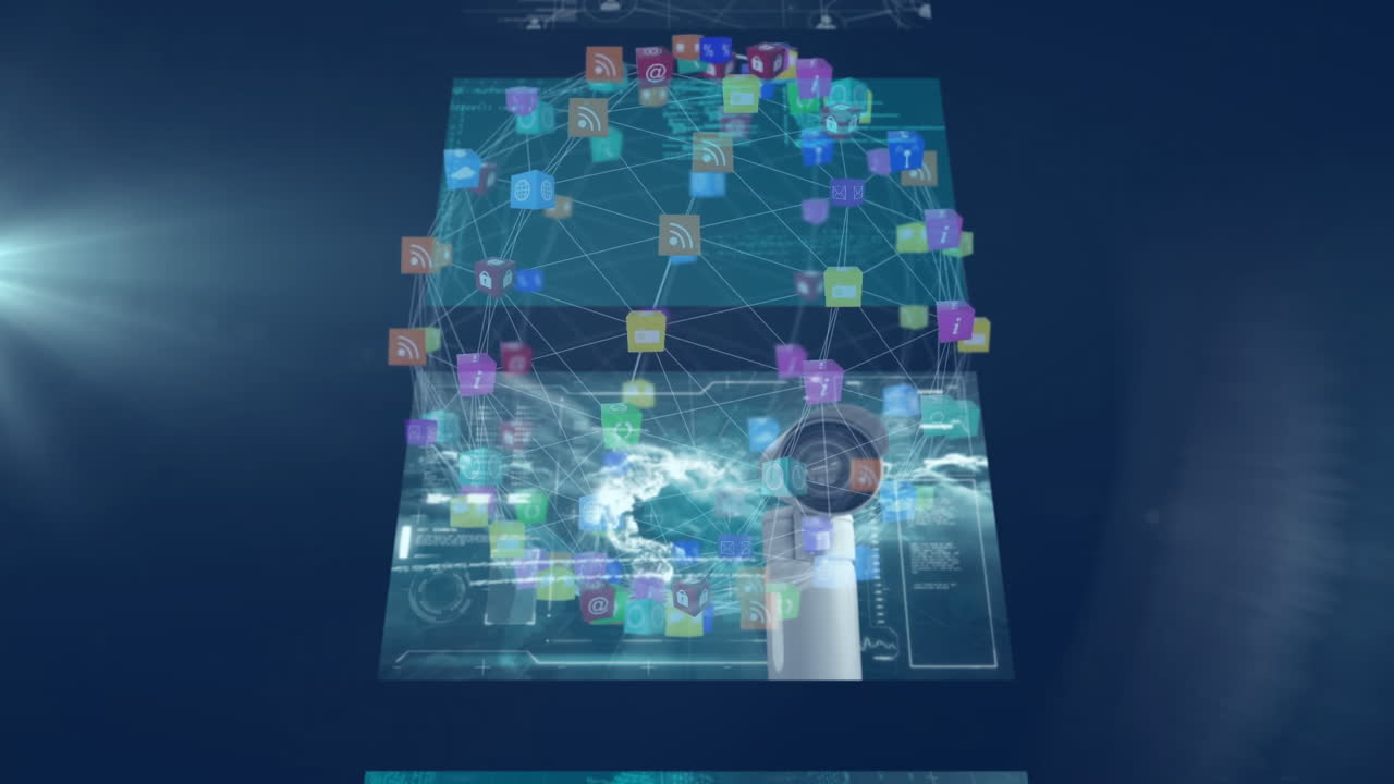Animation of digital icons and connections forming globe in data processing network