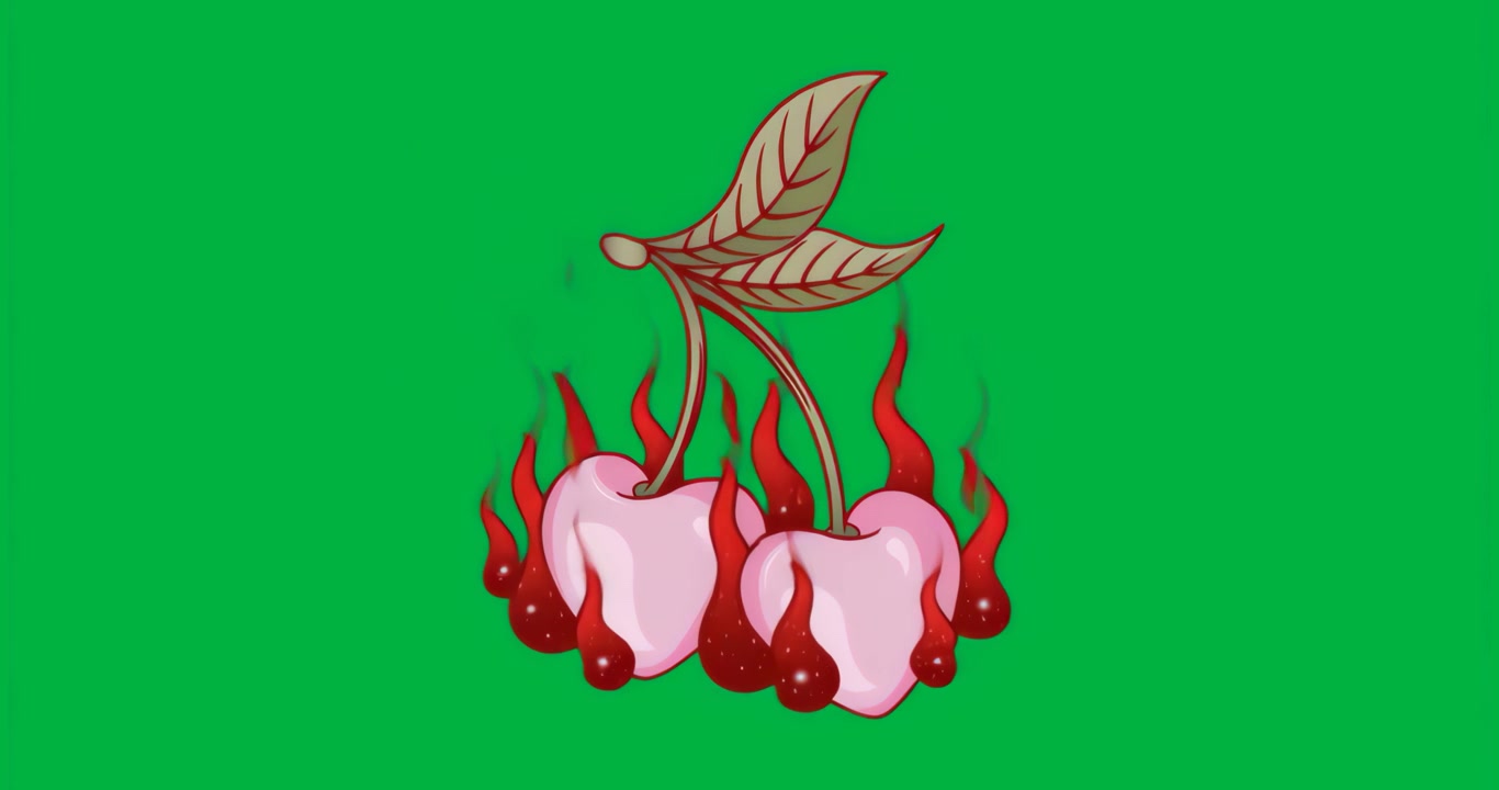 Fiamme che si accendono su ciliegie rosa, tremolanti, fumanti, pulsanti, lasciando un'aura blu su sfondo trasparente.