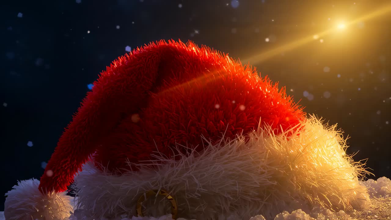 Glowing warm golden light sweeping snowy bed at night, revealing plush red Santa hat buckle