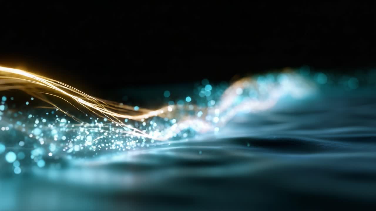静かで暗い環境の中で、光る波と輝く粒子が魅惑的に表現され、水による光の美しさを際立たせています。