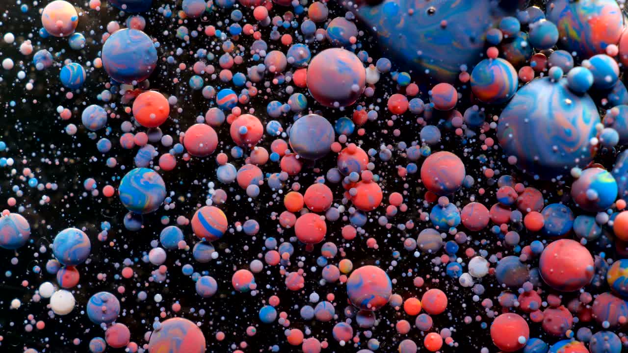 Slow Motion Bright Colors Bubbles Oil Beautiful Paint Surface Universe Color Moving Multicolored Closeup. Acrylic Paint. Fantastic Surface. Abstract Colorful Paint Fantastic Structure Colorful Bubbles