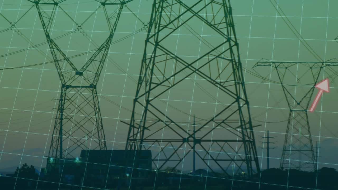 Pink data line appearing left, panning right, revealing pylons, chart tracking power flow at dusk