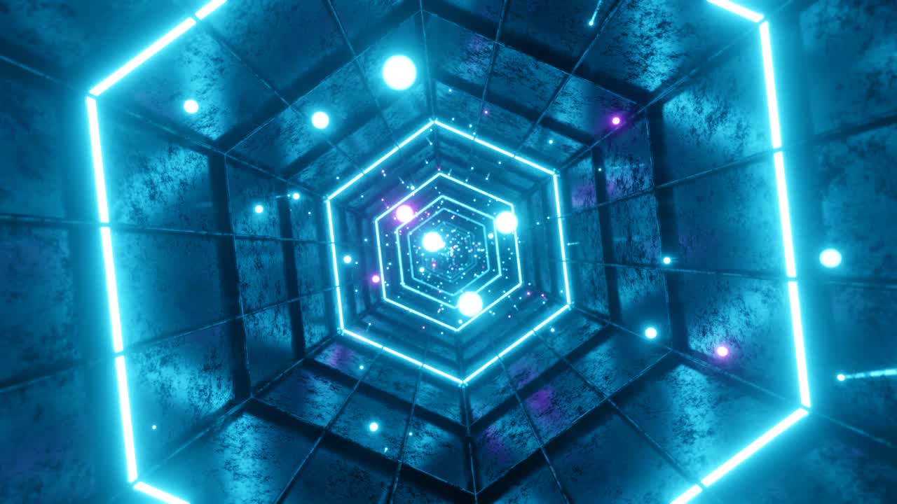 4K seamless loop motion graphics of flying into rotation hexagon digital tunnel with moving particles. 3D render animation. Sci-fi, VFX, Hadron Collider, cyberpunk motion background