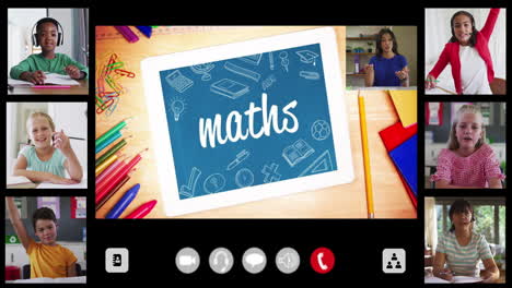 animation of interface screen with text, maths, teacher and six diverse children in online lesson