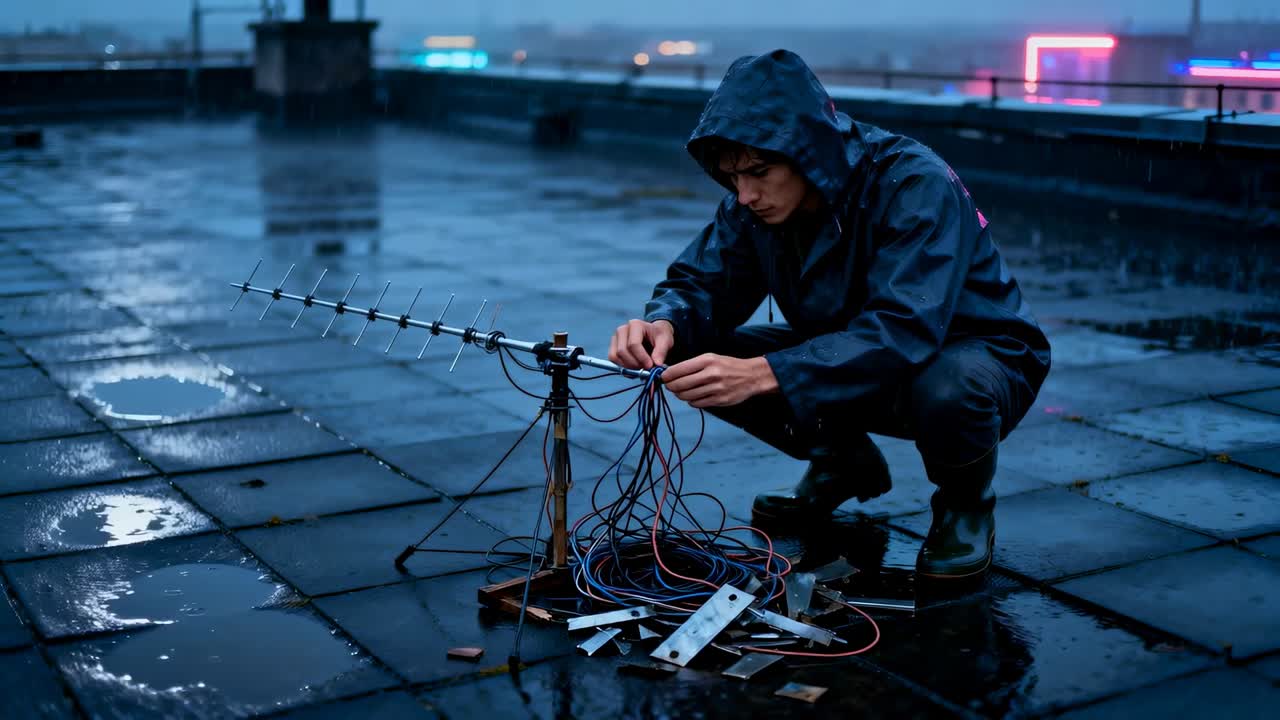 Leaning man in hooded raincoat untangling cables testing Yagi connections on roof, copy space