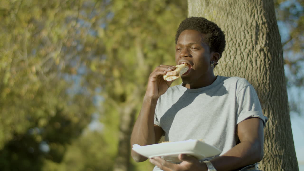 Young Black Man In Wheelchair Enjoying Sandwich In Park
