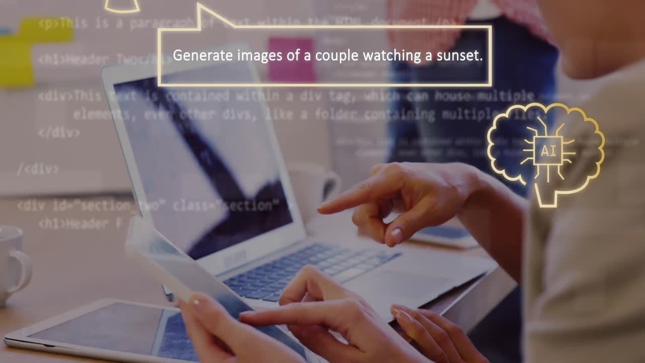 Animation of ai text, icons and woman using laptop