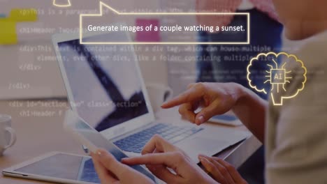 animation of ai text, icons and woman using laptop