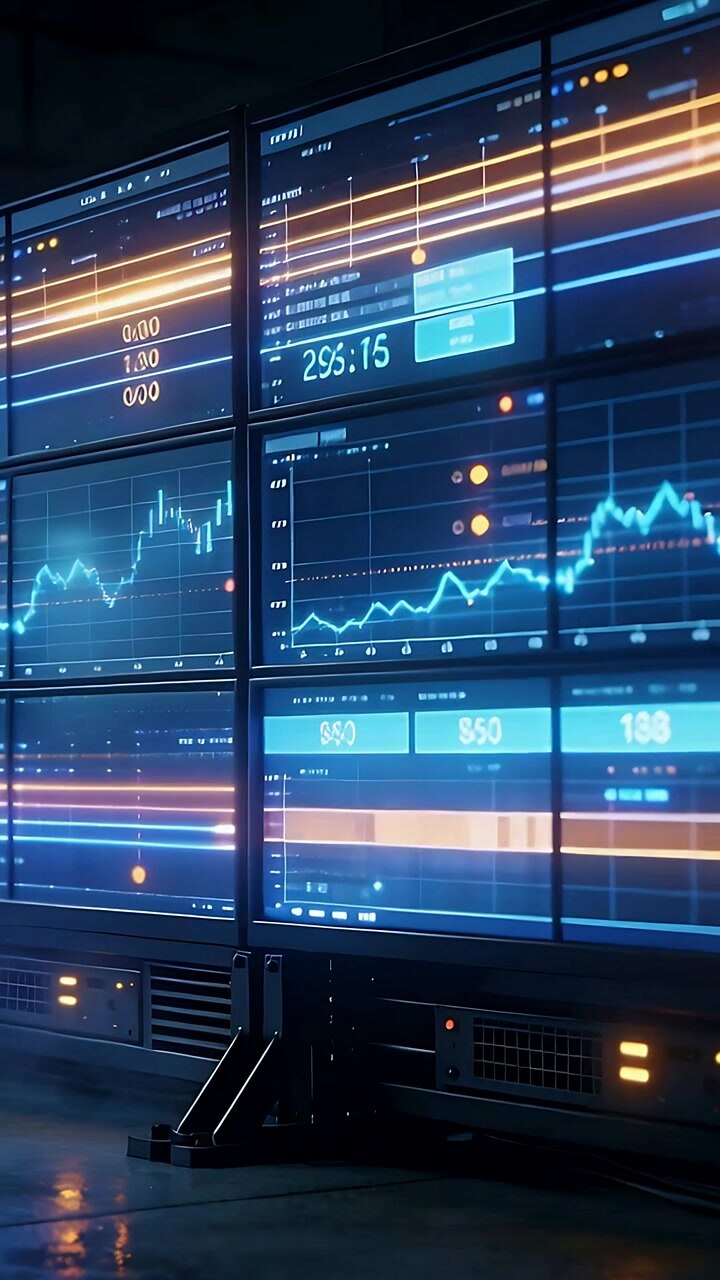 Vertical video: Panning camera capturing display wall in ops room, charts updating for monitoring