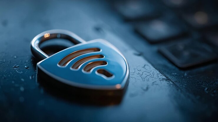 A Close-Up View of a Modern Padlock with WiFi Signal Design Symbolizing Digital Security and Protection Against Cyber Threats on a Textured Surface