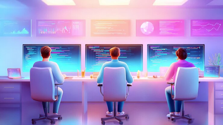 Innovative Workspace with Programmers Focused on Data Analysis and Coding, Surrounded by Colorful Displays and Graphs in a Modern Office Environment