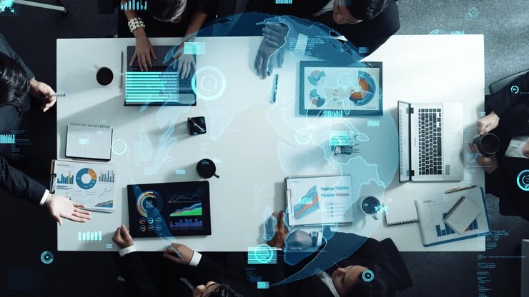 Top view of boss invites manager to explain about data internet. Directorate.