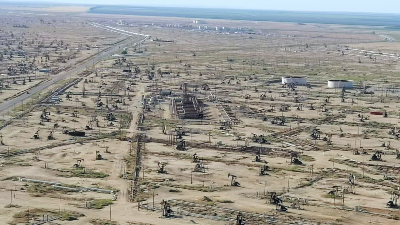 거대한 미주리 삼각지대 석유  ⁇ 을 둘러싸고 있는 공중 뷰 건조한 모래 캘리포니아 풍경