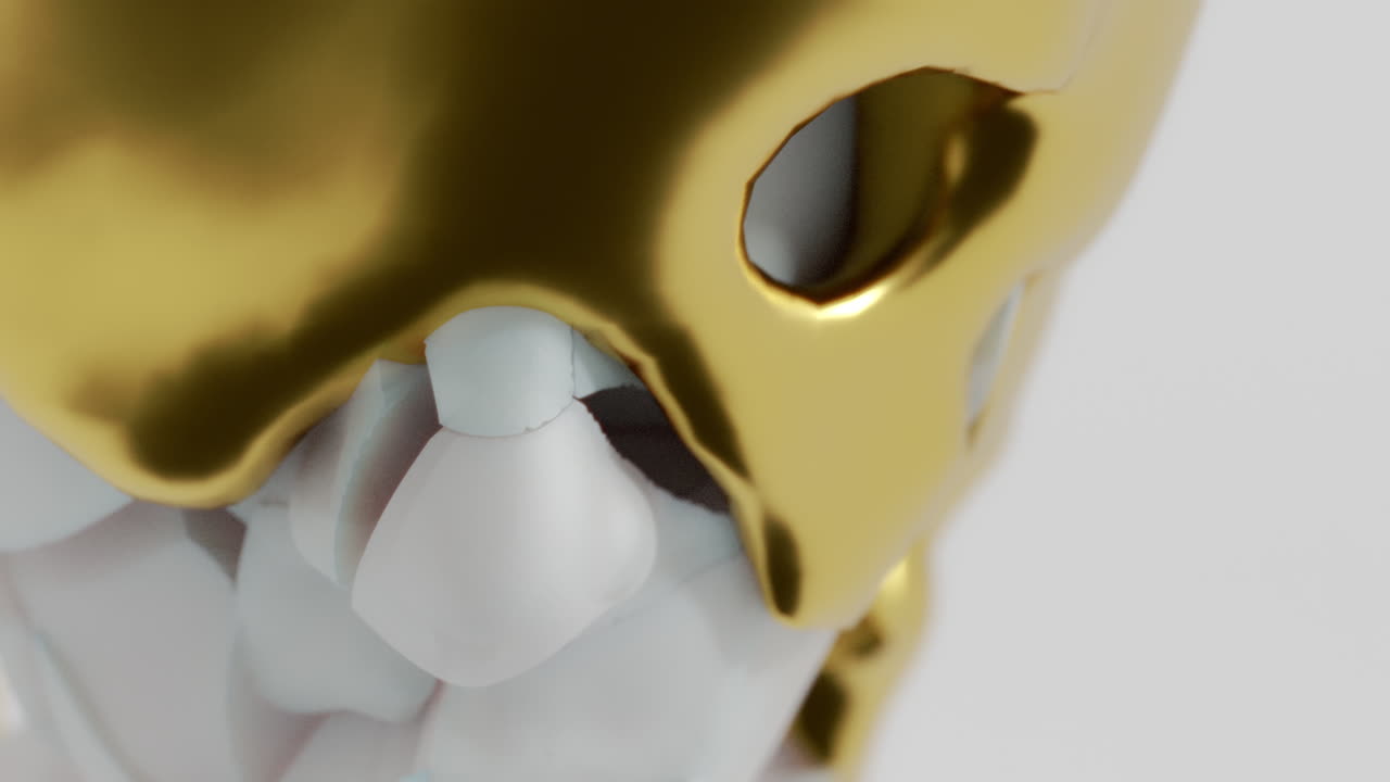 A gold liquid metal flows slowly on the sculpture