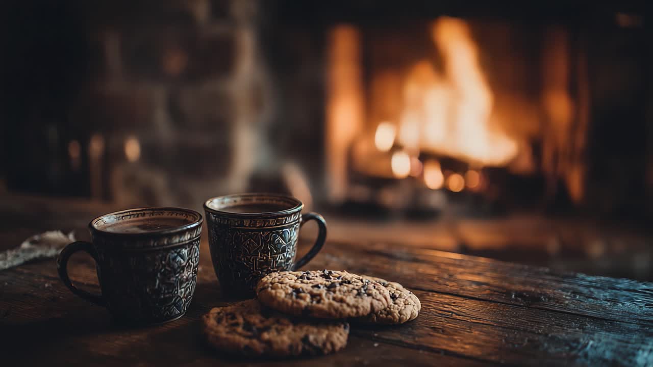 En hyggelig aften ved pejsen: To kunstfærdigt designede kopper kaffe parret med lækre småkager i en varm og indbydende atmosfære