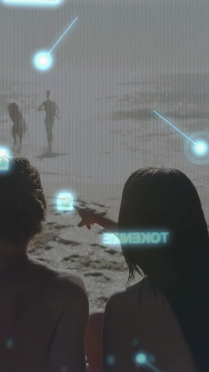 Vertical video: Seated duo watching sea, woman pointing, AR tech nodes appearing, tracking walkers