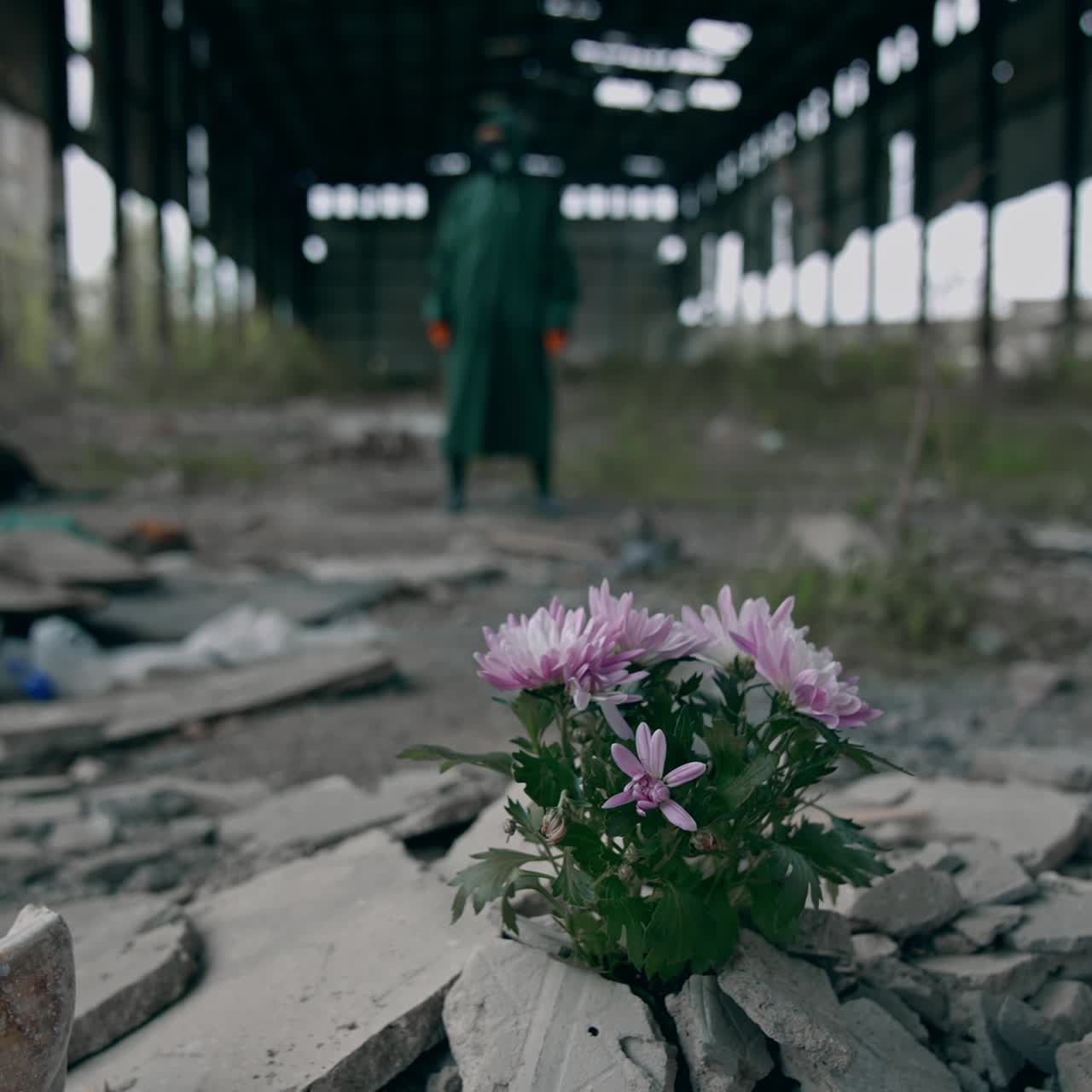 Beautiful flowers grow in abandoned place. Bunch of flowers in stones on the background of a man in protective suit in ruined place. Environment in danger