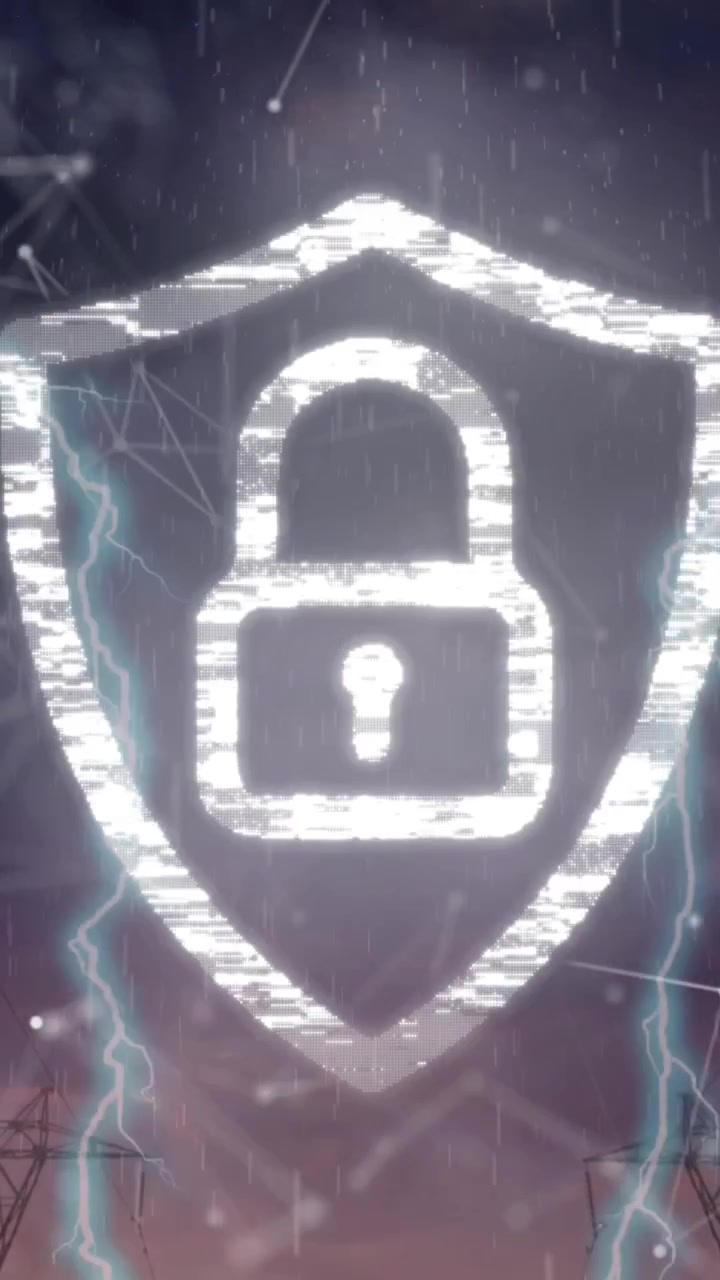 Animazione di scanner biometrici di impronte digitali e icona di lucchetto di sicurezza su antenne di telefonia mobile.