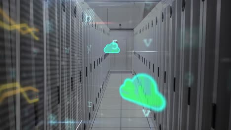 animación del icono de la nube, el texto de procesamiento de datos y las conexiones a través de servidores informáticos.