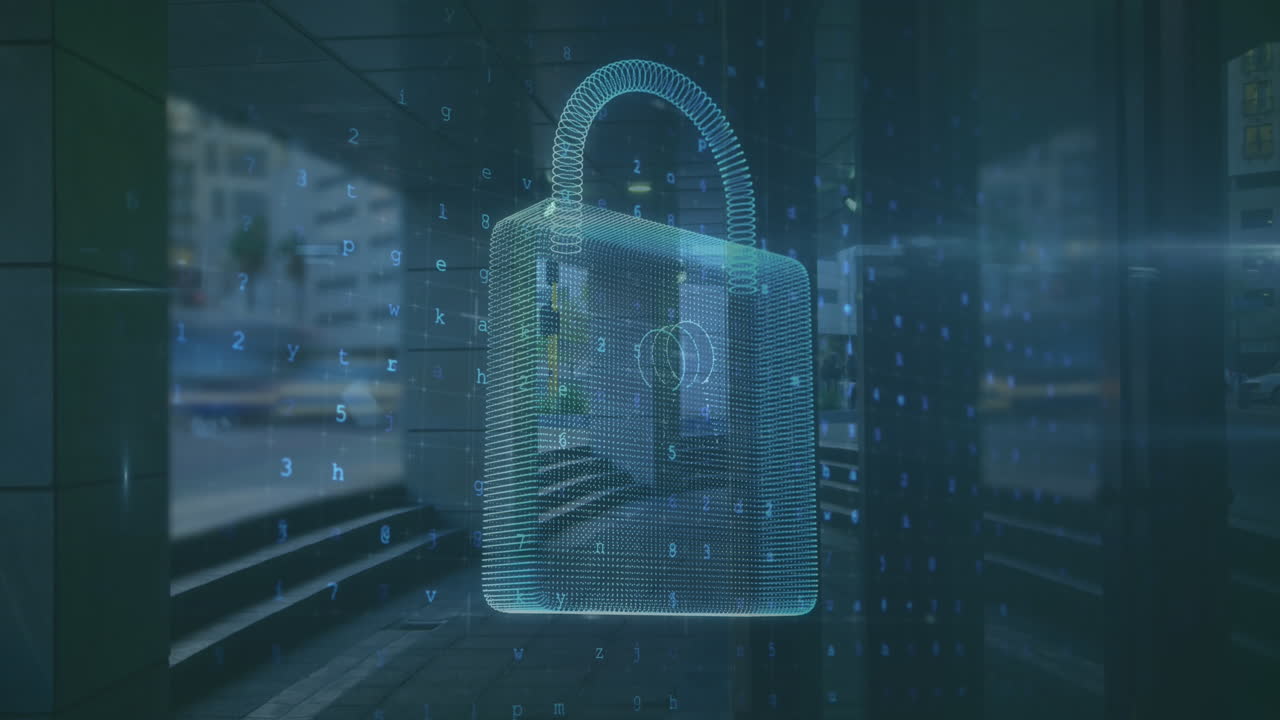 Animation of padlock, letters, numbers, symbols over basement of modern building