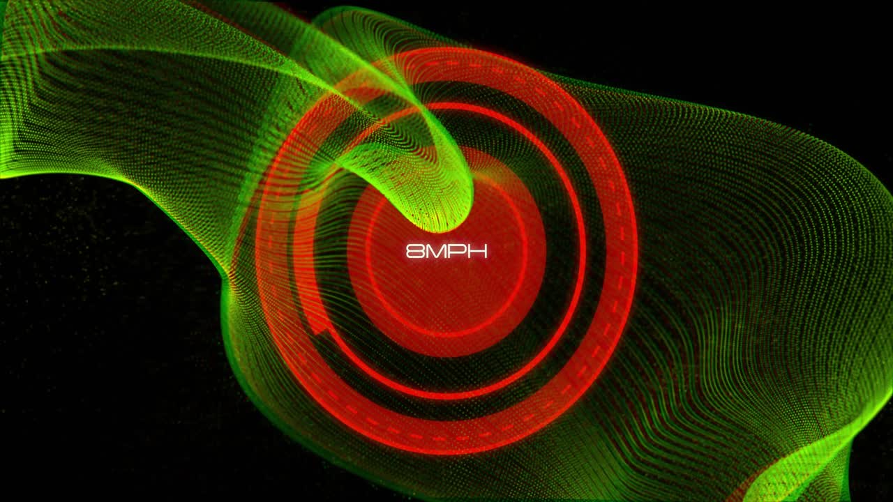 Green mesh entering upper-left, sweeping across center red HUD, updating speeds, visualizing change