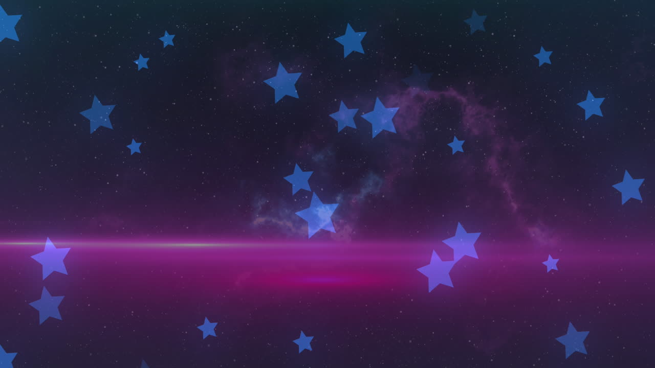 Animation of multiple blue stars moving on night sky with clouds in the background