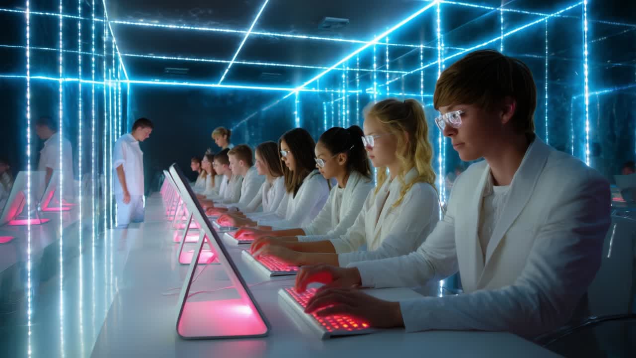 Futuristic Classroom with Neon Computers