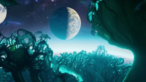 planeta alienígena con plantas brillantes y lunas