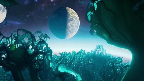 alien planet with glowing plants and moons