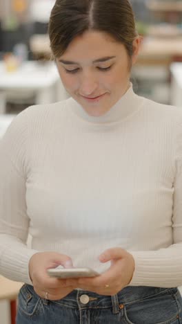 young woman smiling while using a smartphone