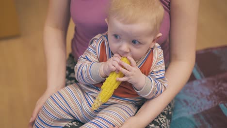 woman holds little child eating boiled corn on cob in room