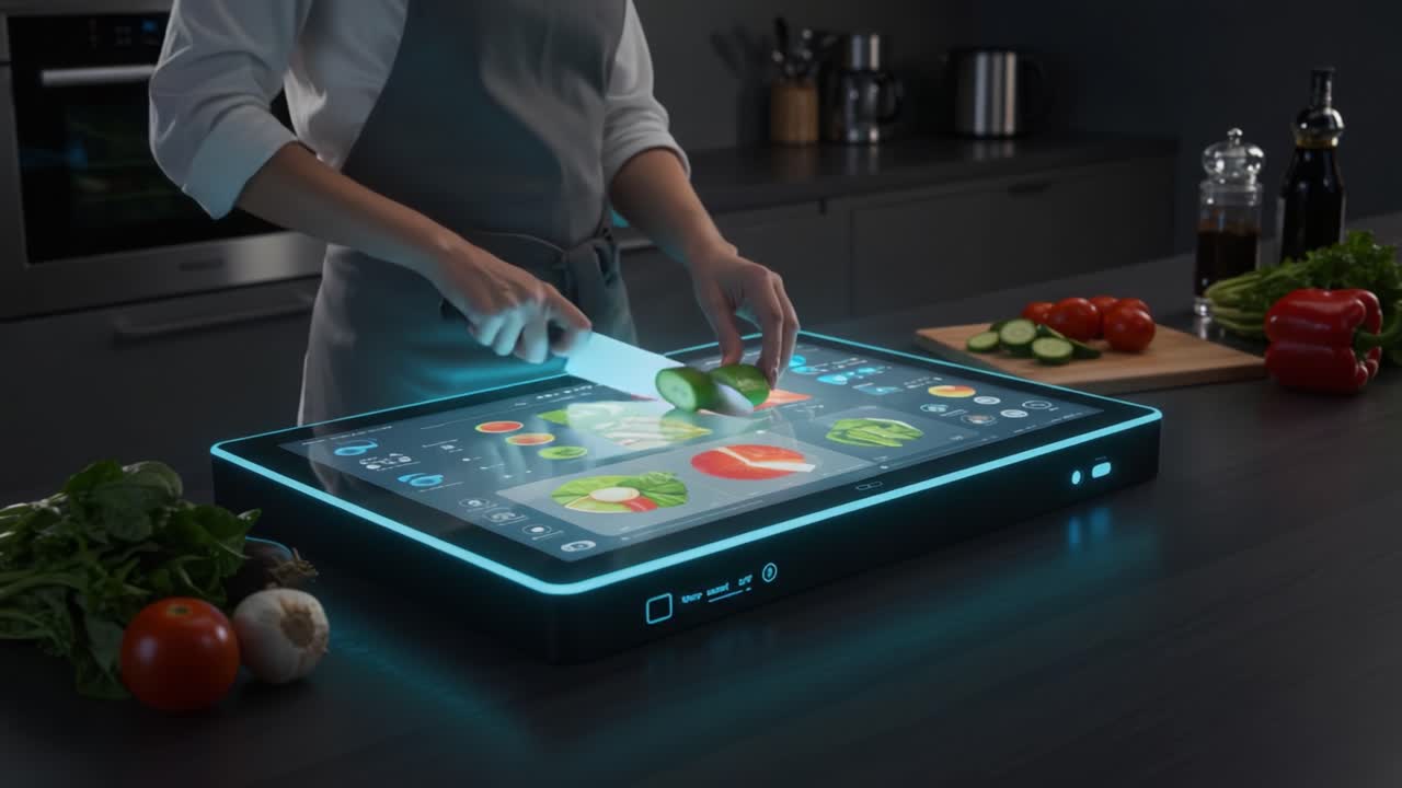 A Culinary Innovation: A Modern Cook Interacting with an Interactive Smart Cooking Surface While Preparing Fresh Vegetables in a Stylish Kitchen Environment