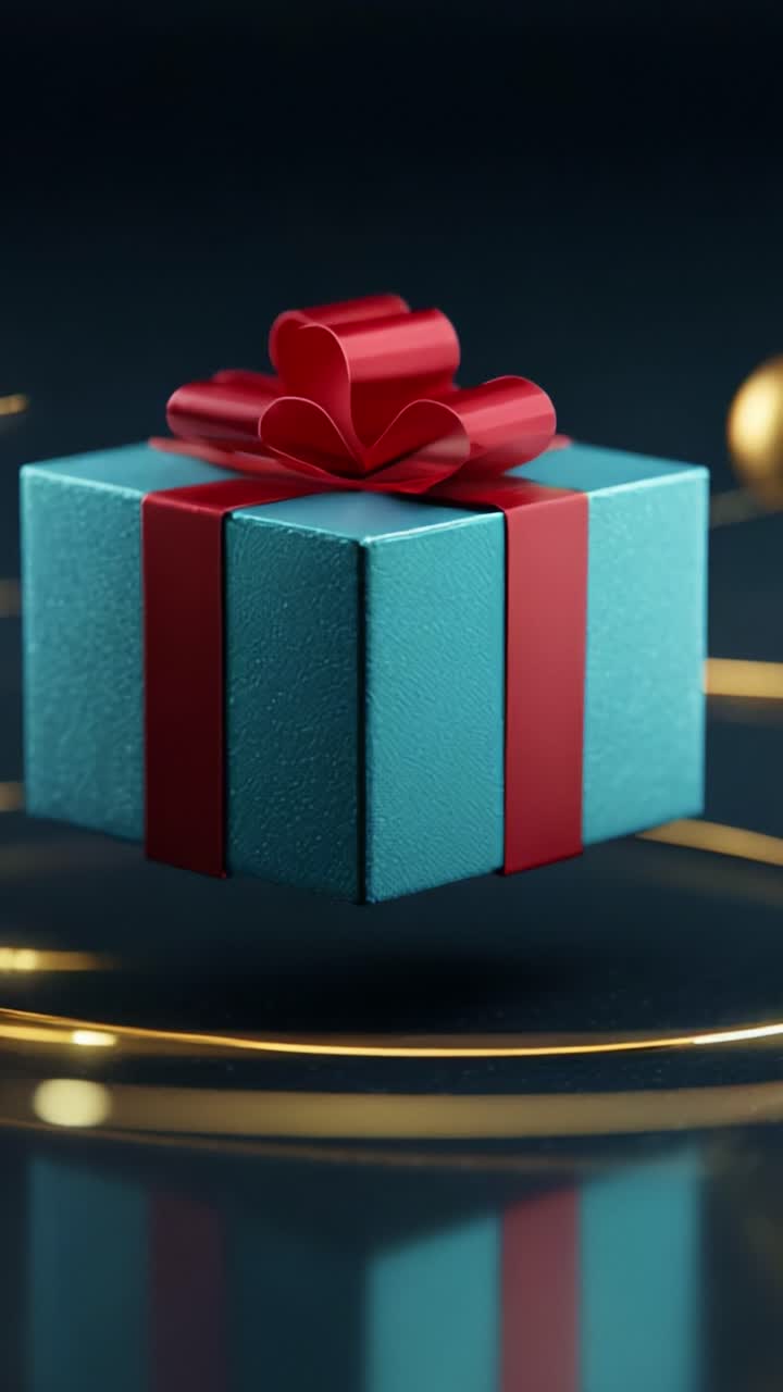 Captivating Close-Up of a Vibrant Gift Box Suspended in Mid-Air with a Red Bow on Top, Surrounded by Golden Orbs, Perfectly Highlighting the Essence of Celebration and Surprise for Any Occasion