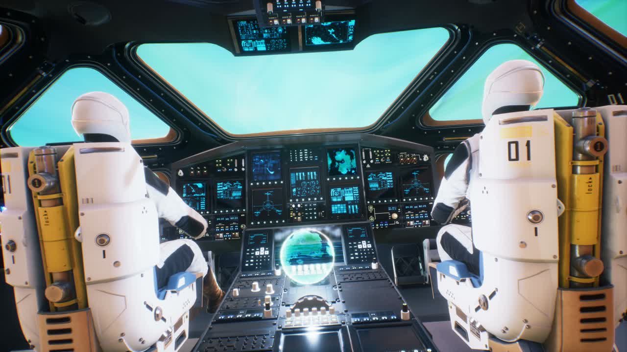 los astronautas al timón de una nave espacial, volando a velocidad warp en el universo profundo. el concepto de viaje espacial en el espacio profundo usando un agujero de gusano. la animación en bucle ideal para ciencia ficción, fondos espaciales.