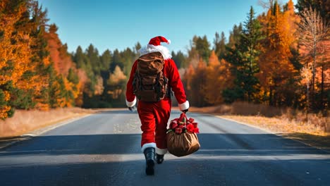 a man in a santa suit walking down a road carrying a bag of presents