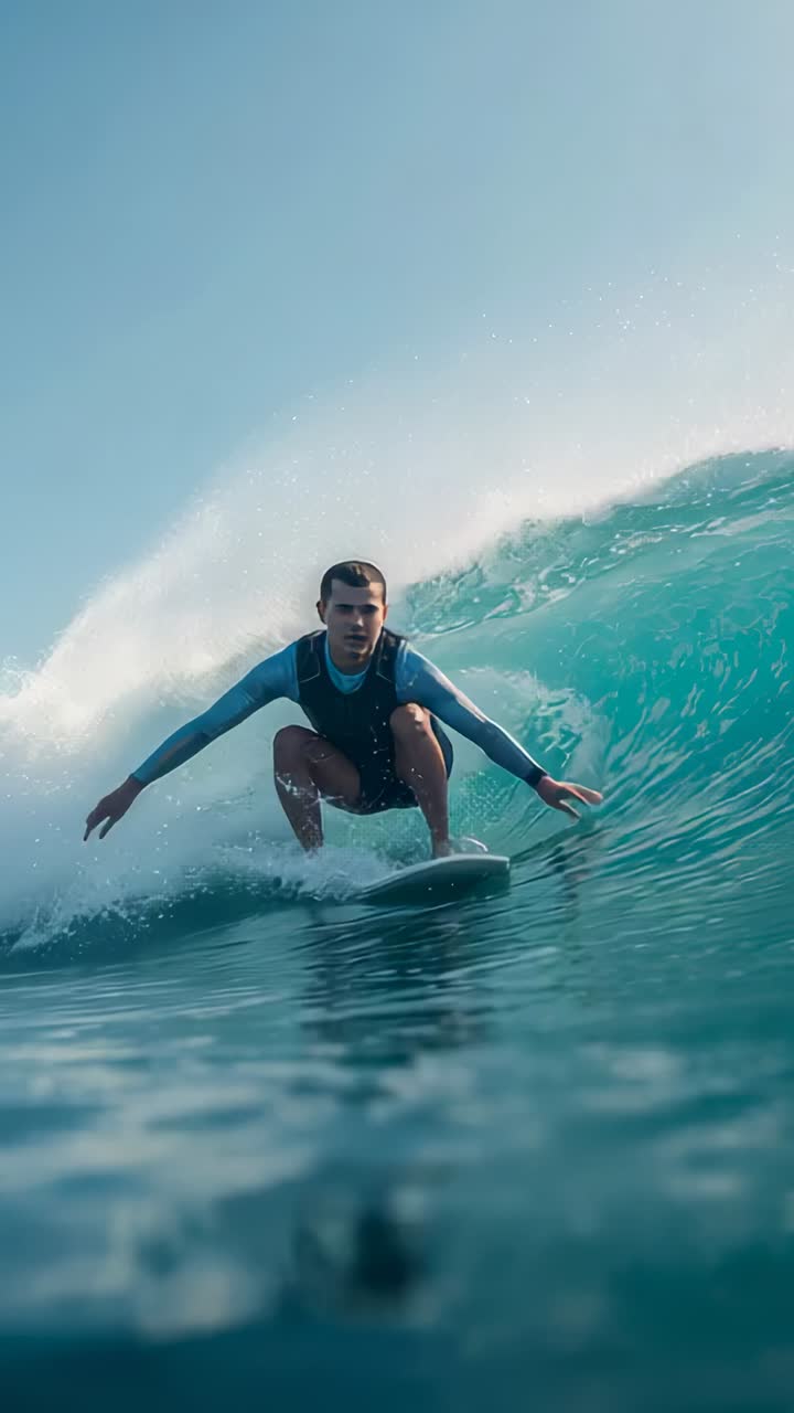 Vertical video: Riding surfer on board in rashguard through right barrel as wave forms to ride out
